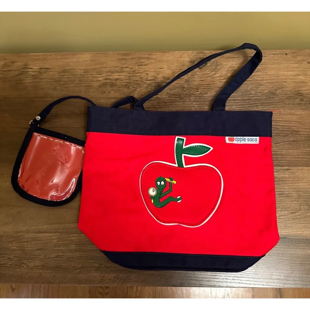 Vintage Apple Sacs‎ Kids Red Canvas Tote Bag Apple Worm Graphic School Book Bag